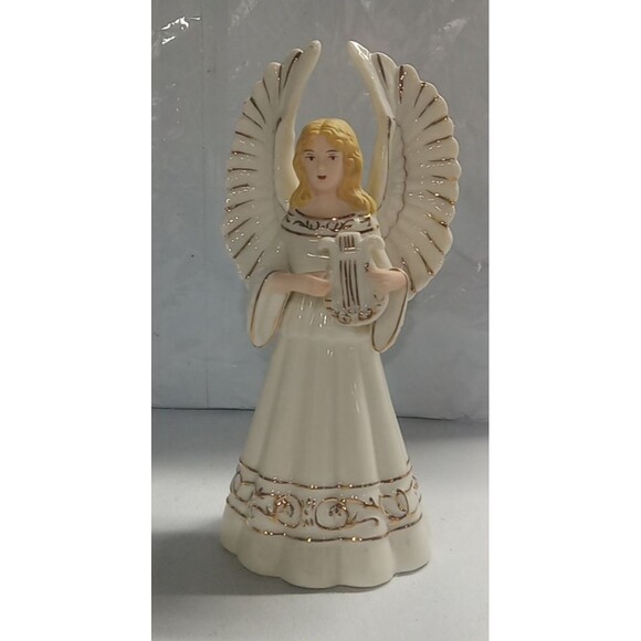 White Other - Christmas Angel Candle Holder Porcelain 10” Playing Harp White W Gold Tone Trim